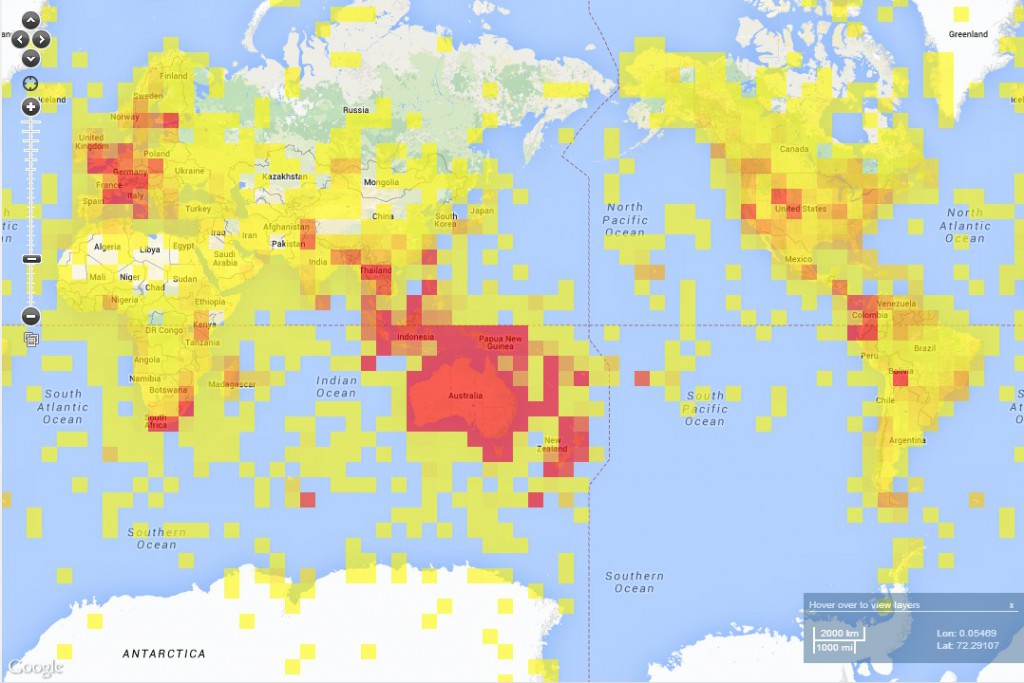Collection density map showing world coverage of AVH records; grid cells are 3 × 3 square degrees and colours indicate number of collections per cell, ranging from yellow: 0–100 collections, to the brightest red: more than 500 collections. – From: Atlas of Living Australia Spatial Portal, <https://spatial.ala.org.au>, accessed 18 April 2014.