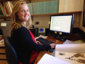 Herbarium Assistant Chloe Foster databasing eucalypt specimens at the La Trobe University Herbarium (photo courtesy of La Trobe University).