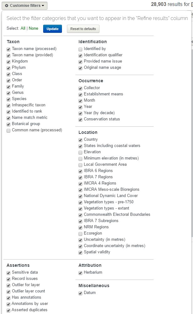 Customise filters modal